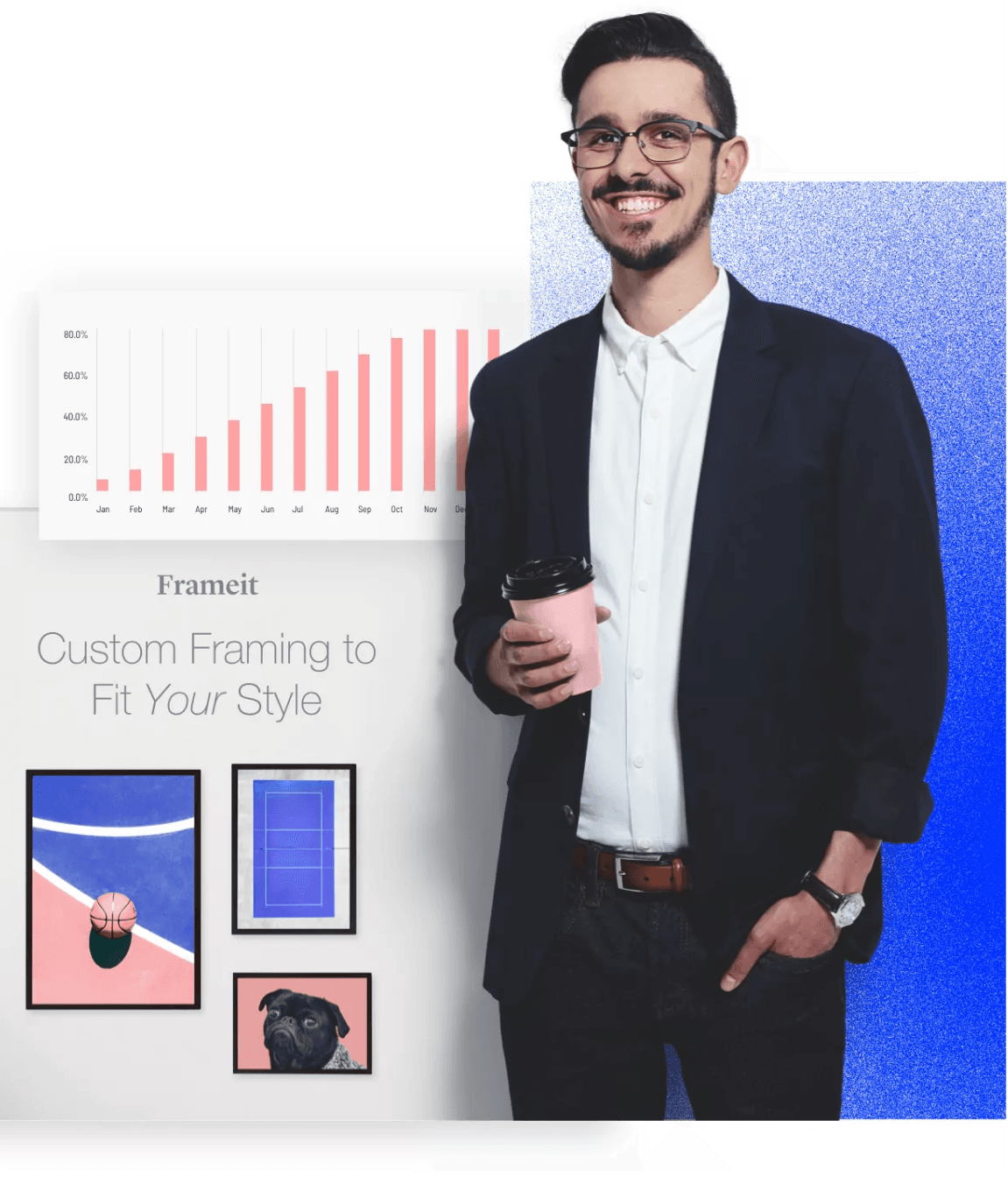 Man smiles, holds coffee; behind, rising graph.