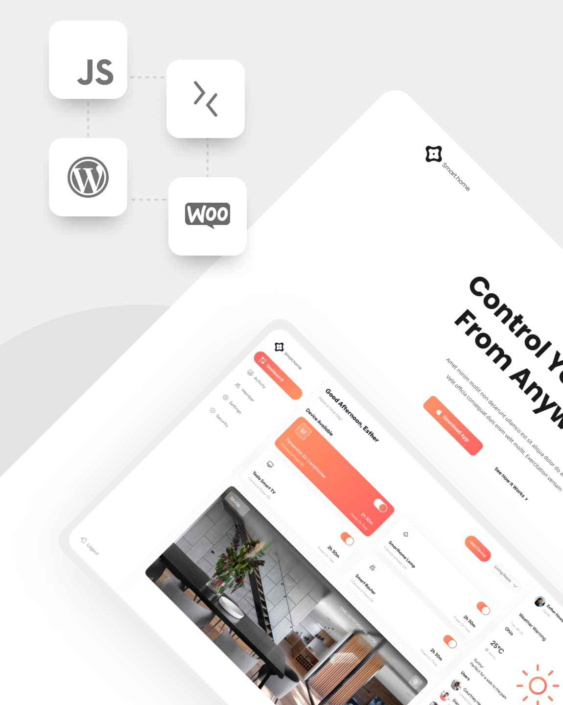 Dashboard design with orange accents; integrates JS, WordPress, WooCommerce.