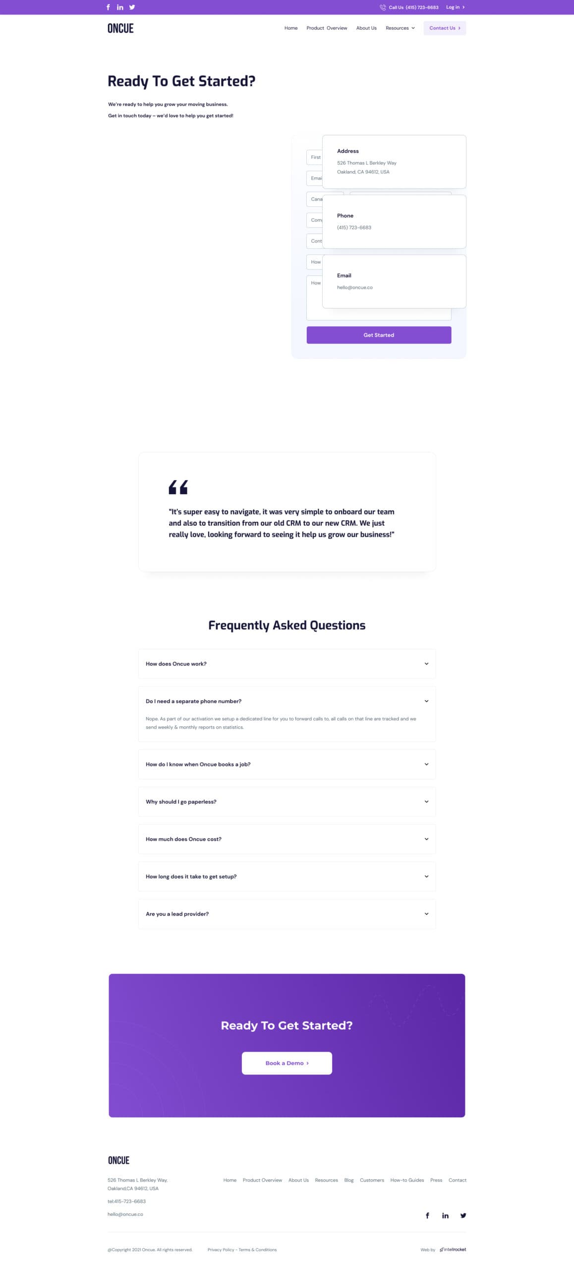 Oncue Contact Page after