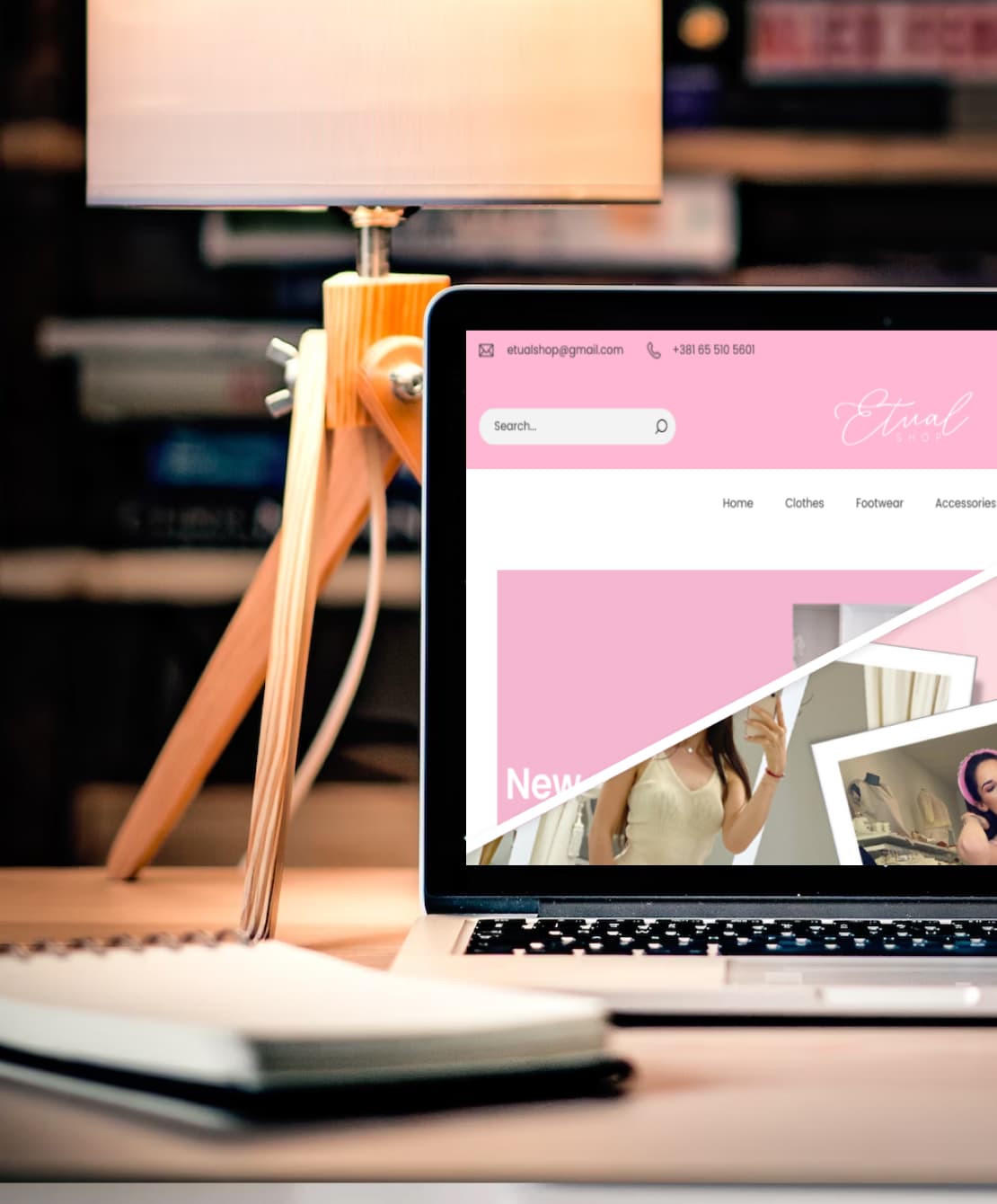 Laptop split section view for before and after redesign for the Etual shop website