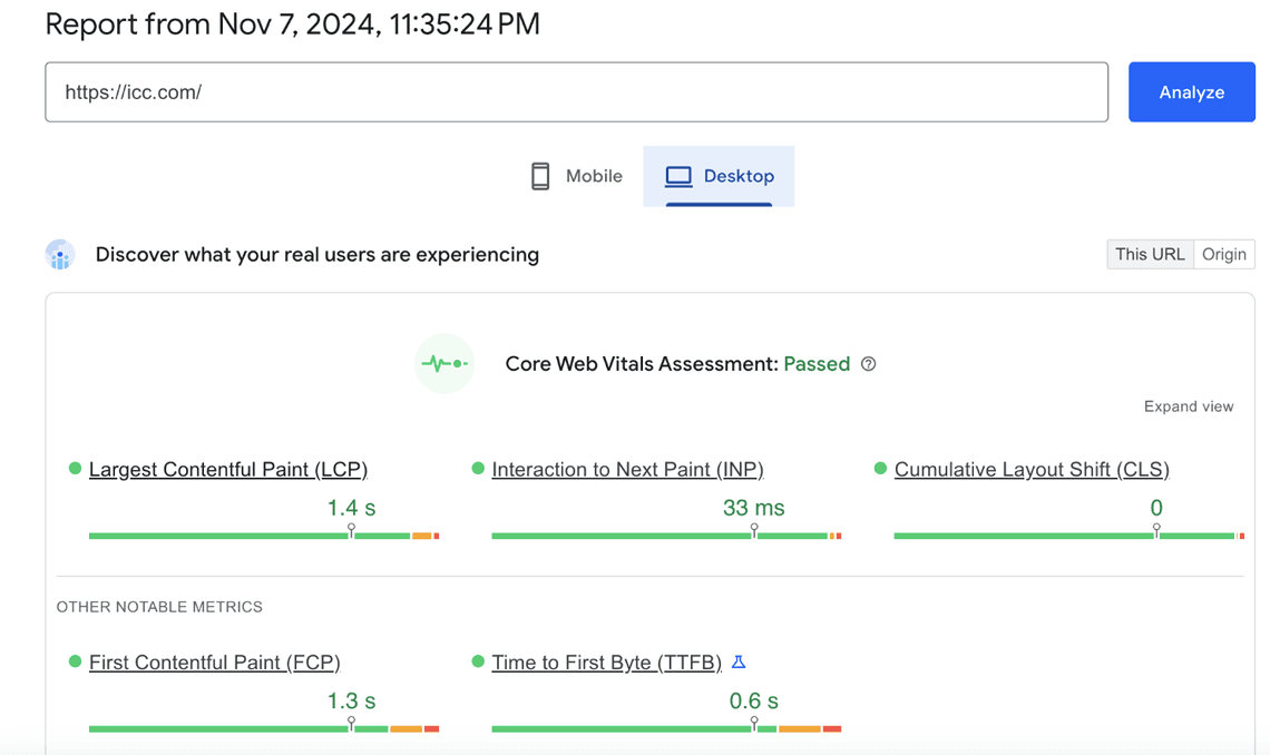 Icc.com loads fast, web vitals passed.