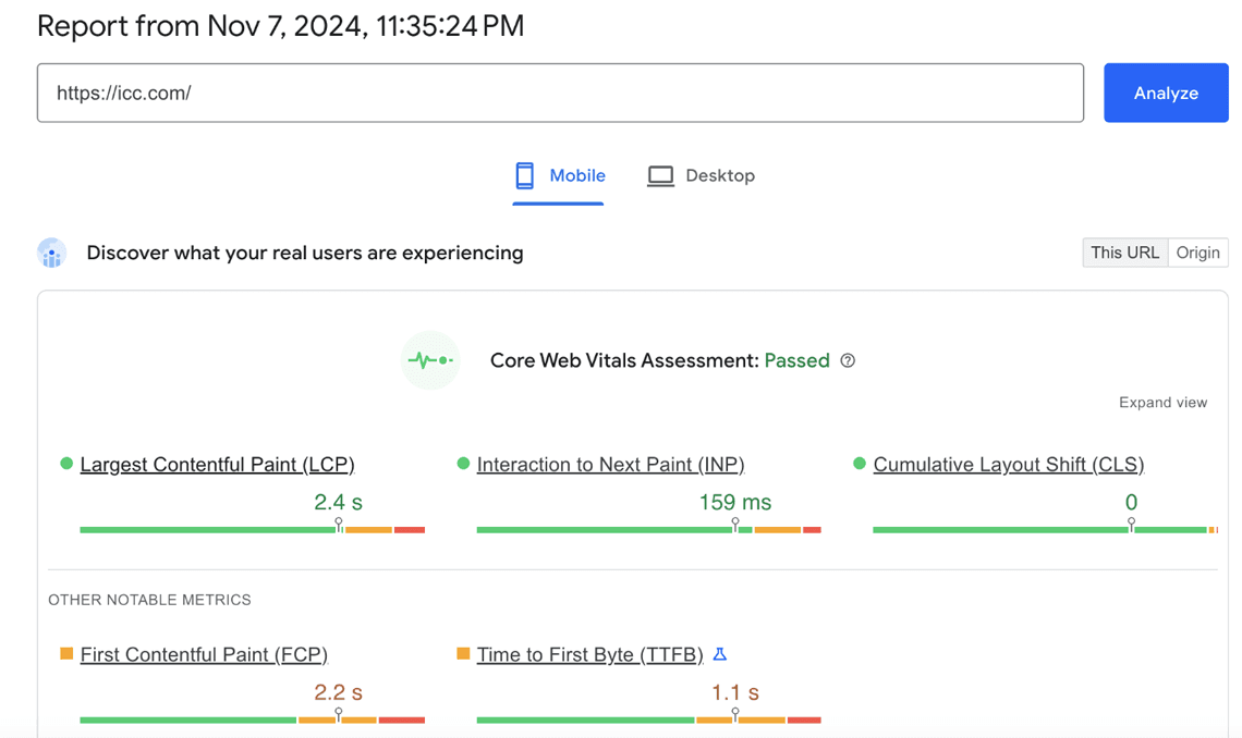 Passed Web Vitals: LCP 2.4s, INP 159ms, CLS 0.