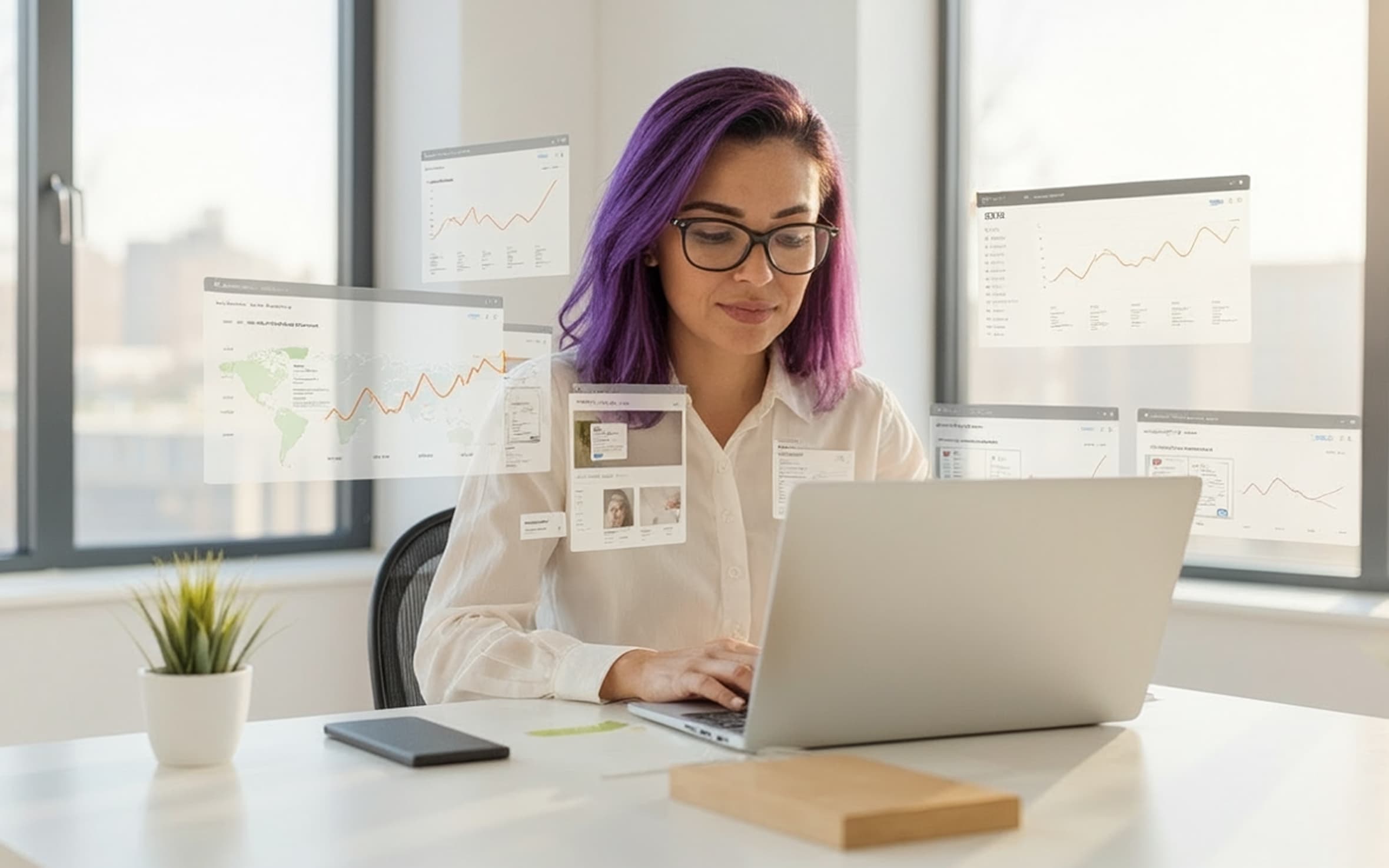 Woman with purple hair studies website data results.