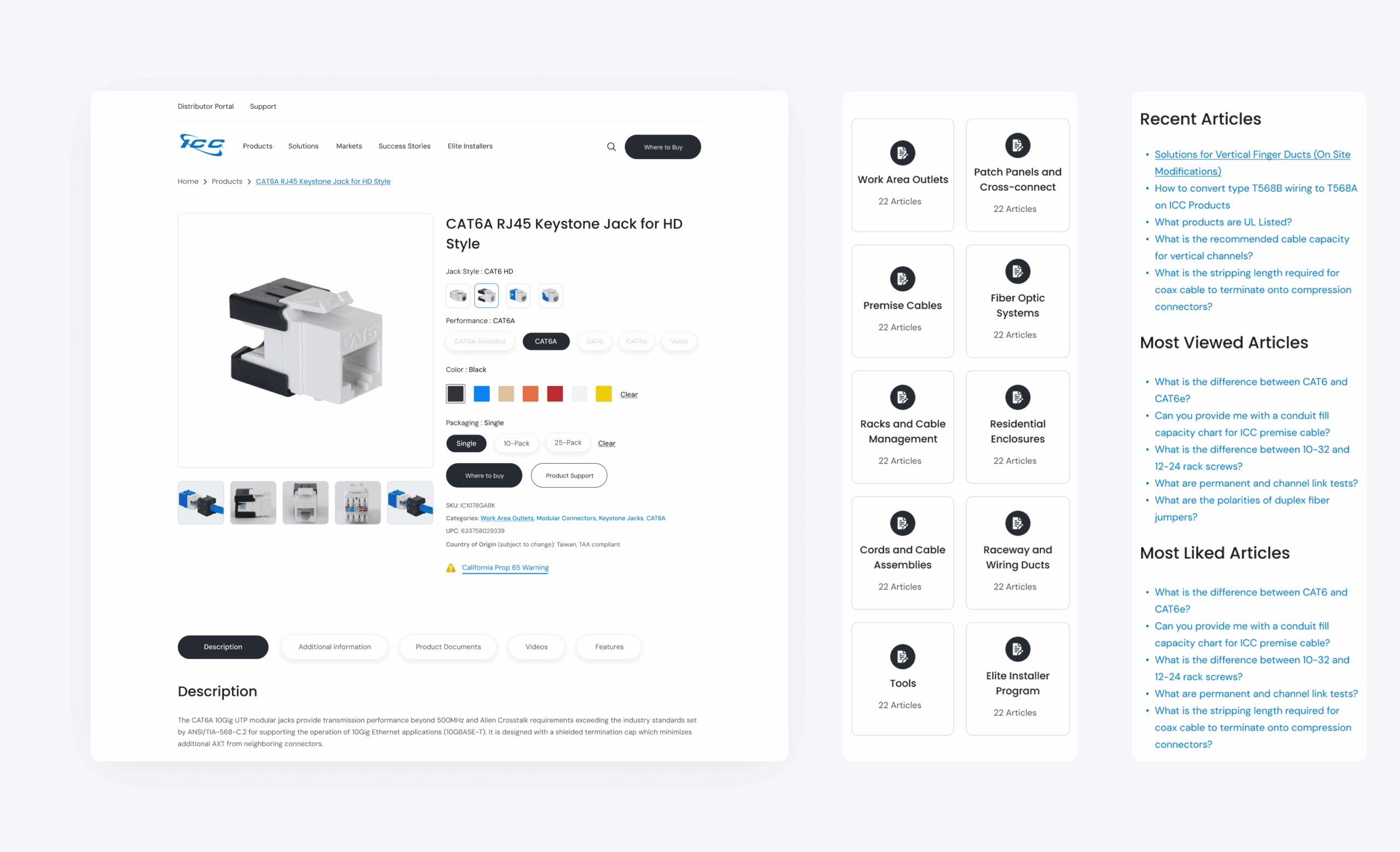 Product page screenshot with image, price, colors, cart button, and sidebars.