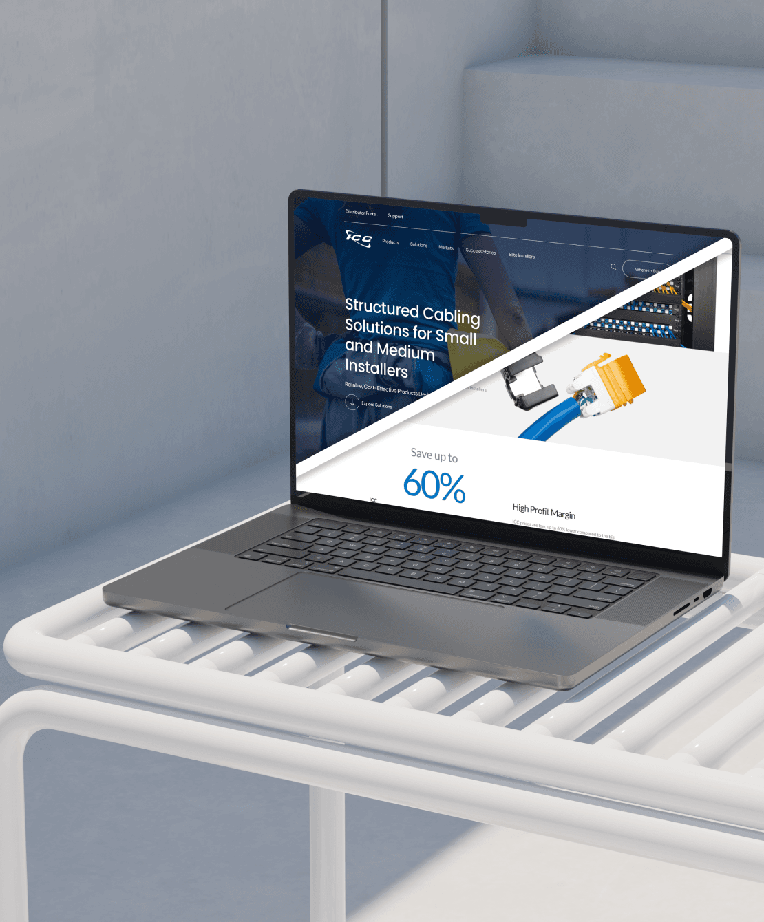 Laptop shows before-after website, blue and white design.