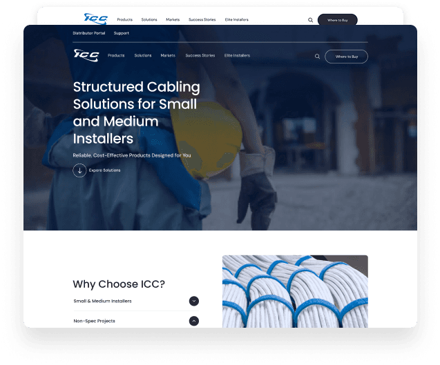 Corporate website screenshot, worker holding yellow cable.