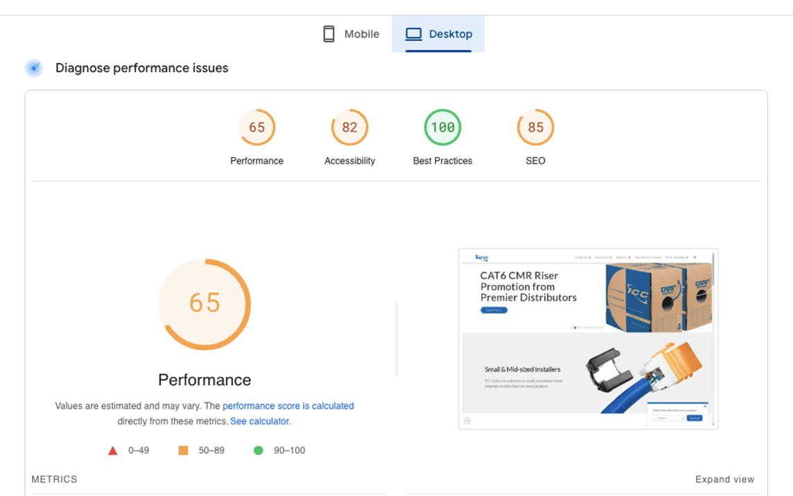 Website score dashboard, detailed stats, page preview.