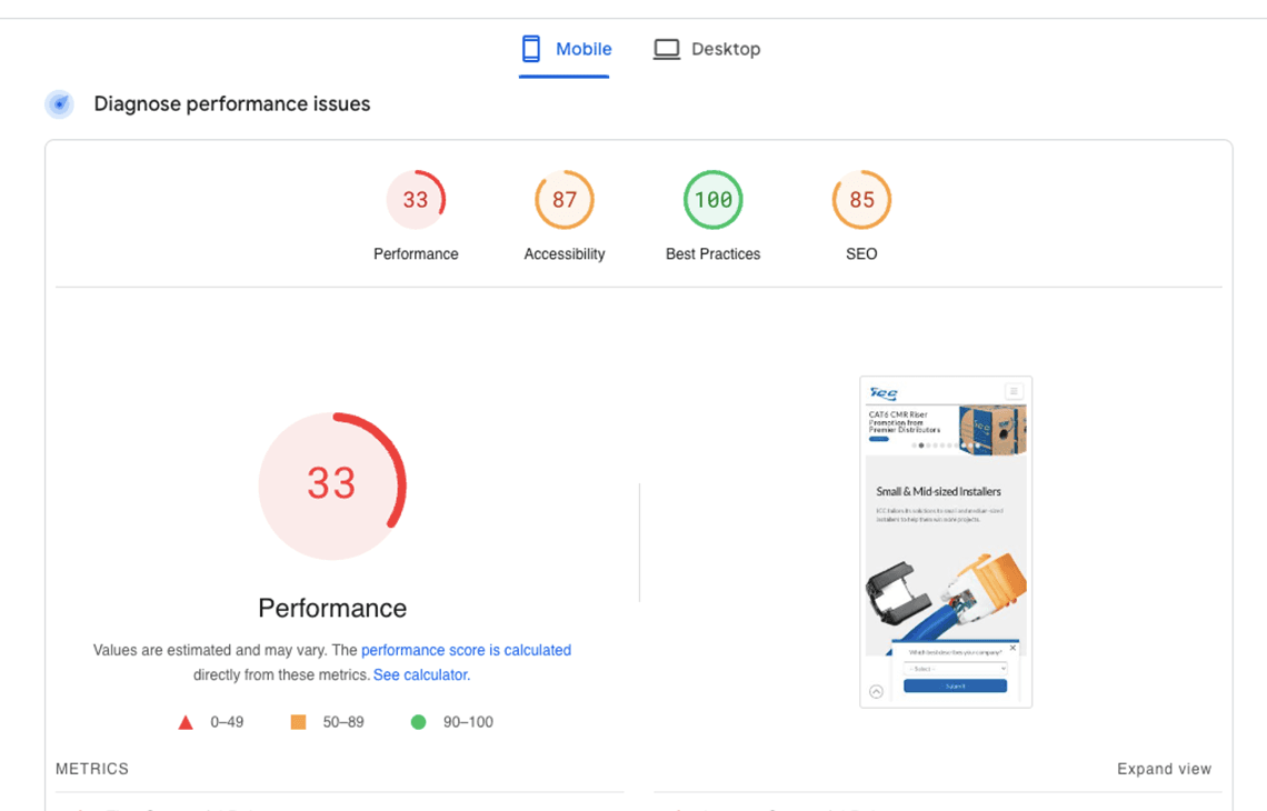 Mobile report: Performance 33, Accessibility 87, Best Practices 100, SEO 85.