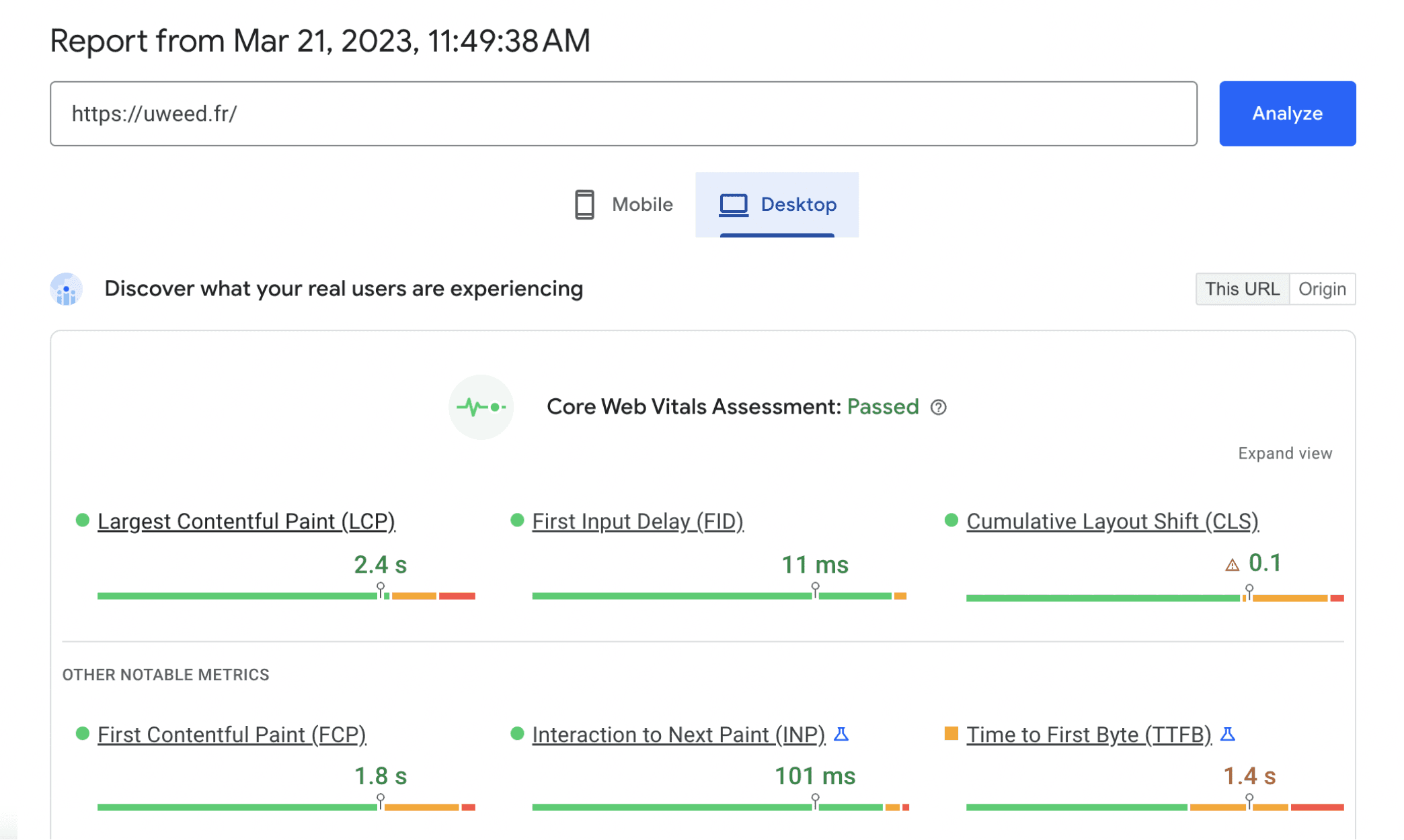 Google Core Web Vitals Real Data Score Passed Desktop for CBD eCommerce website