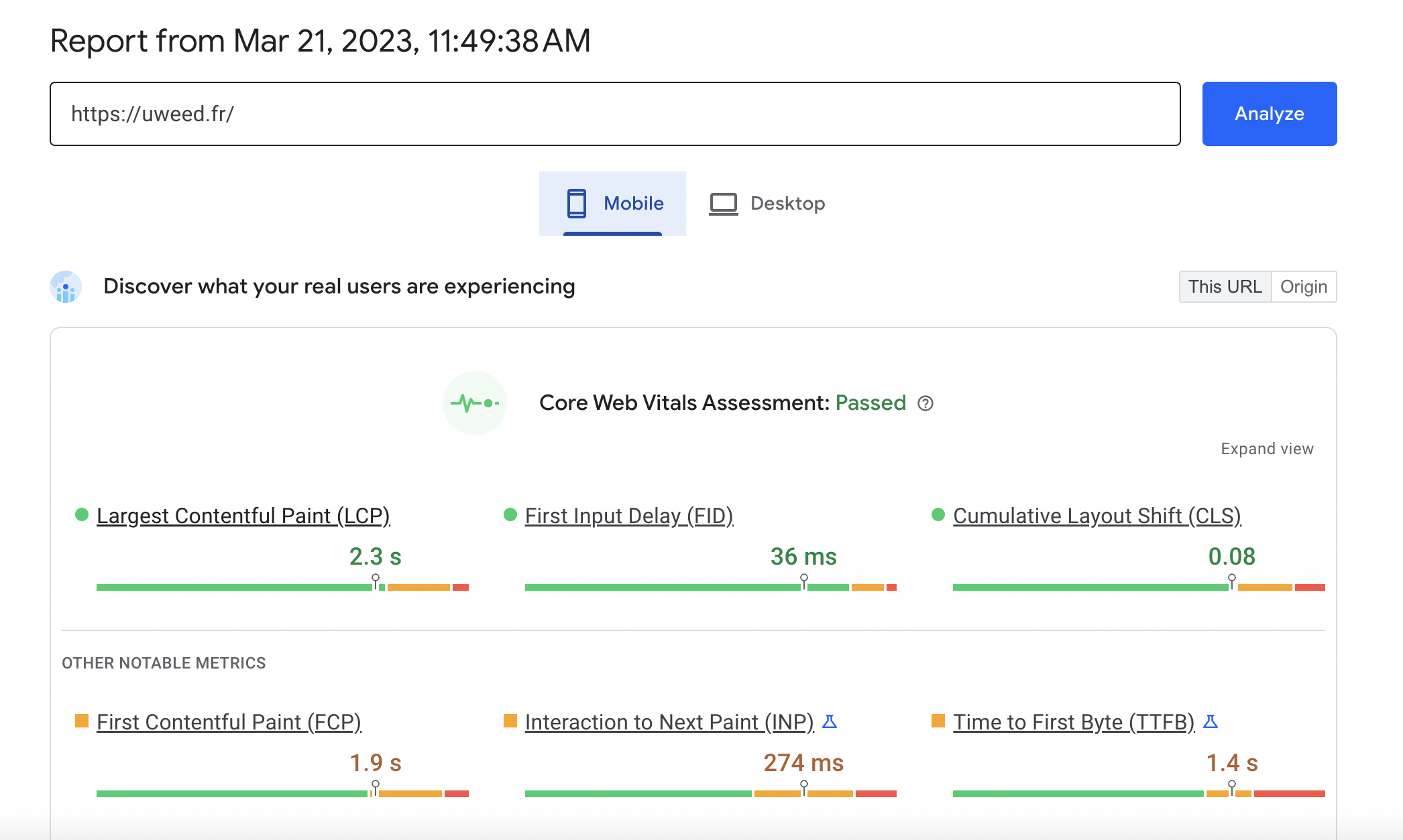 Google Core Web Vitals Real Data Score Passed Mobile for CBD eCommerce website