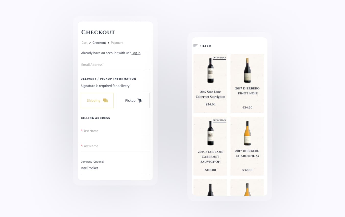 Checkout: Choose delivery or pickup, fill in details. Catalog: Browse wines, check year and price.